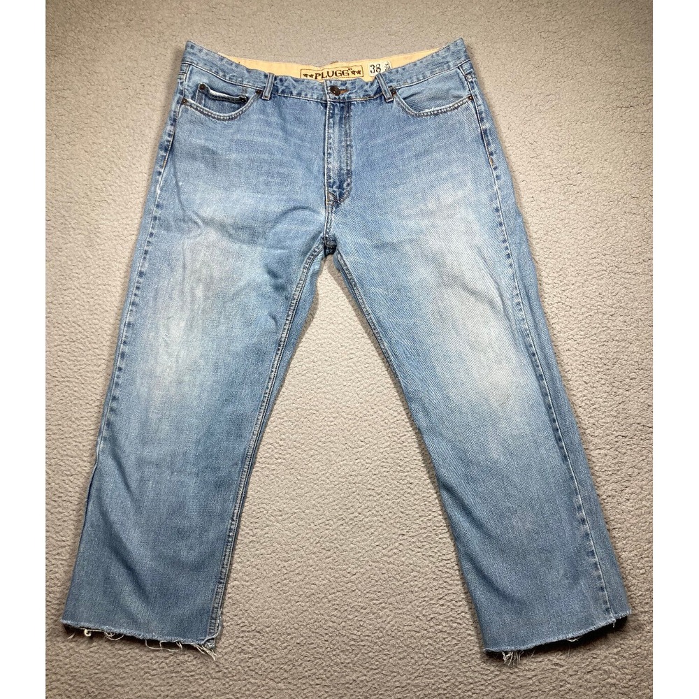 Plugg Jeans Men's 38x30 Light Wash Blue Relaxed Straight‎ Cut Off Hem Stains